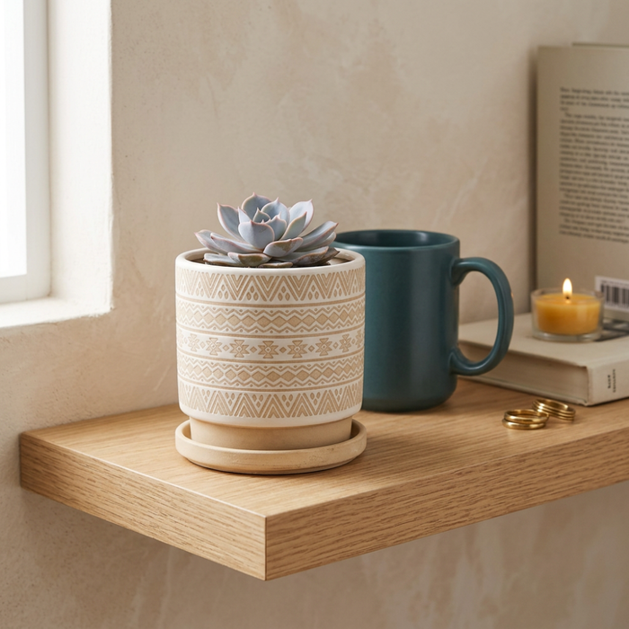 Macetero Maceta De Ceramica Beige Con Patrones Blancos S