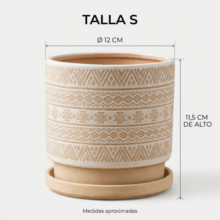 Macetero Maceta De Ceramica Beige Con Patrones Blancos S