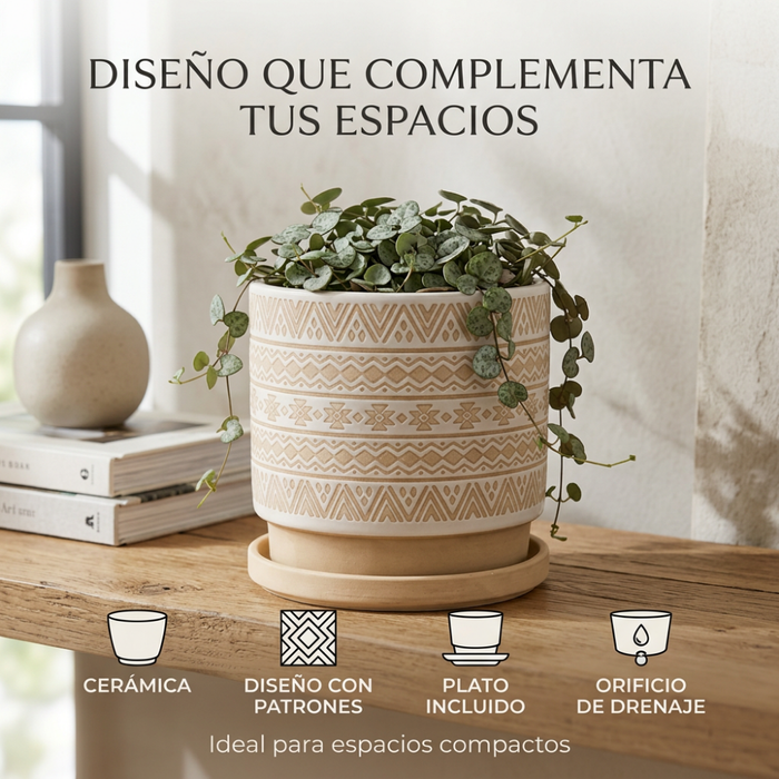 Macetero Maceta De Ceramica Beige Con Patrones Blancos S