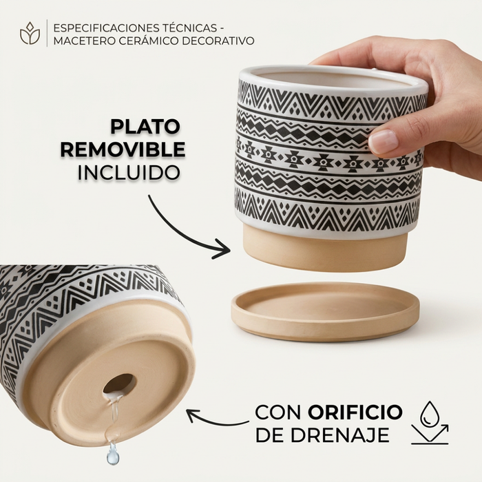 Macetero Maceta De Ceramica Blanco Con Patrones Negro L