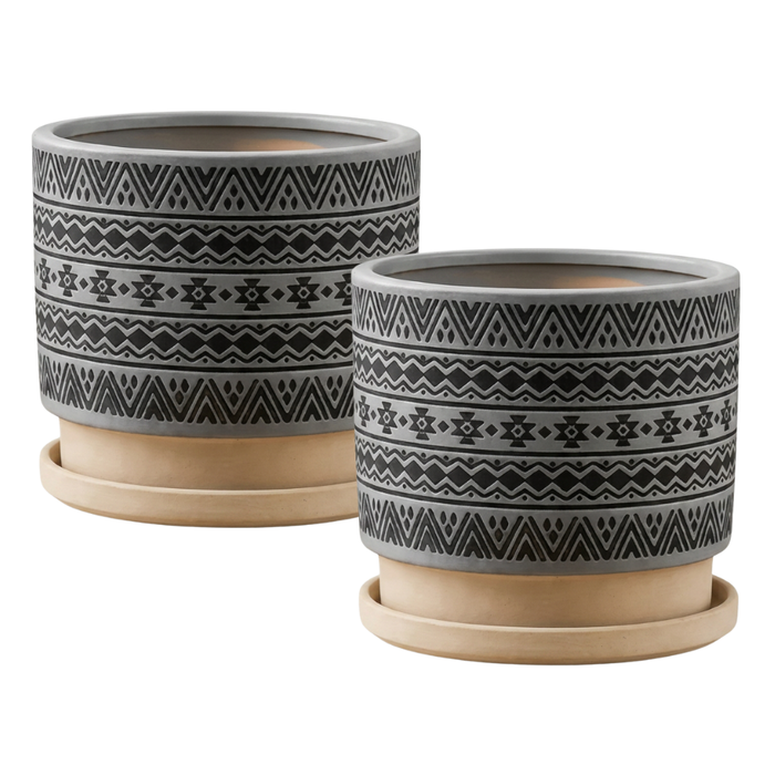 Macetero Maceta De Ceramica Gris Con Patrones Negros L