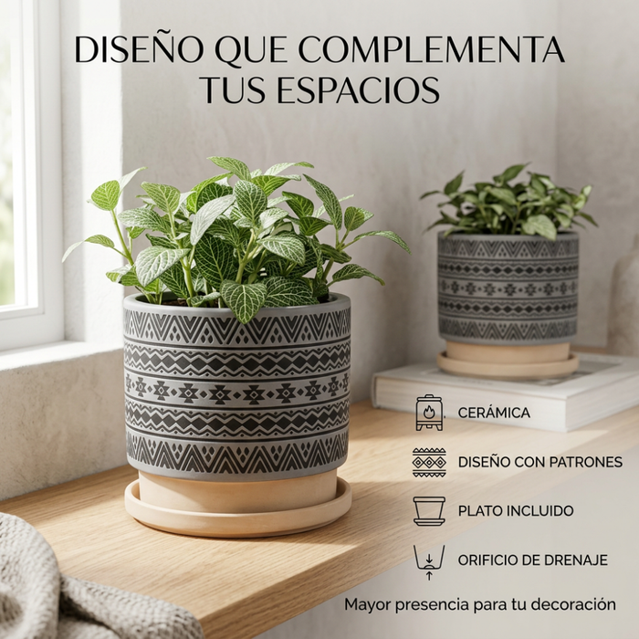 Macetero Maceta De Ceramica Gris Con Patrones Negros L
