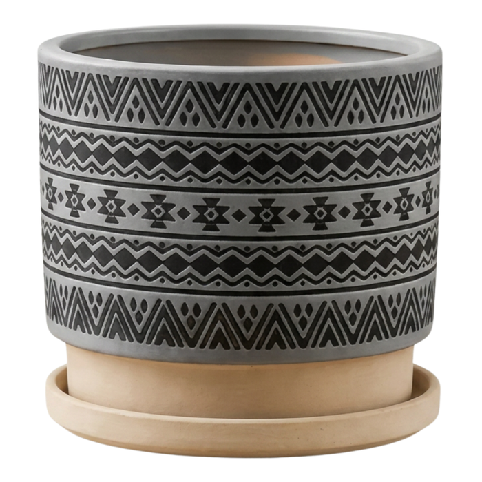 Macetero Maceta De Ceramica Gris Con Patrones Negros L