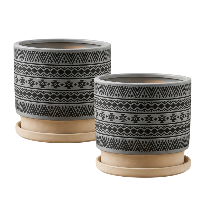 Macetero Maceta De Ceramica Gris Con Patrones Negros M