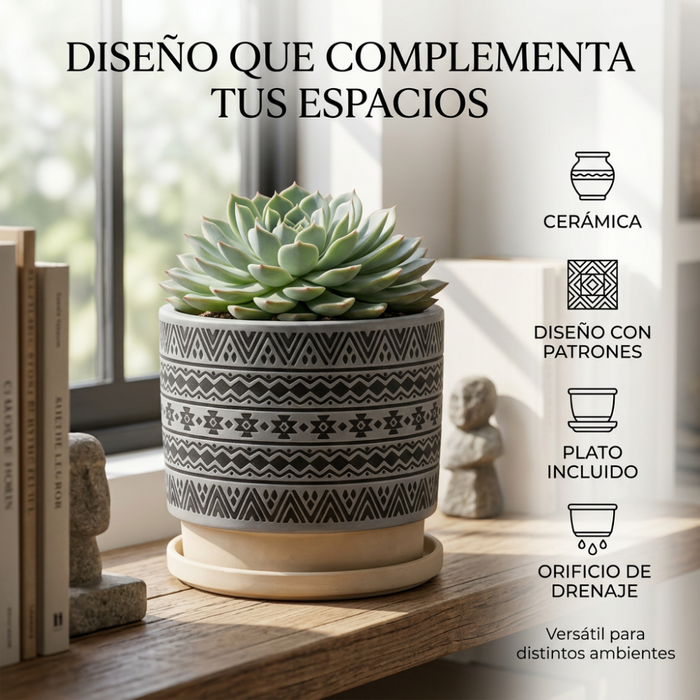 Macetero Maceta De Ceramica Gris Con Patrones Negros M