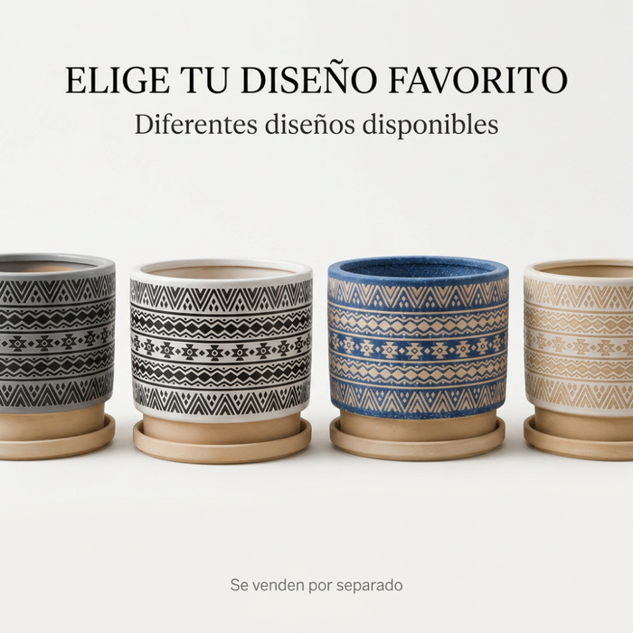 Macetero Maceta De Ceramica Gris Con Patrones Negros M