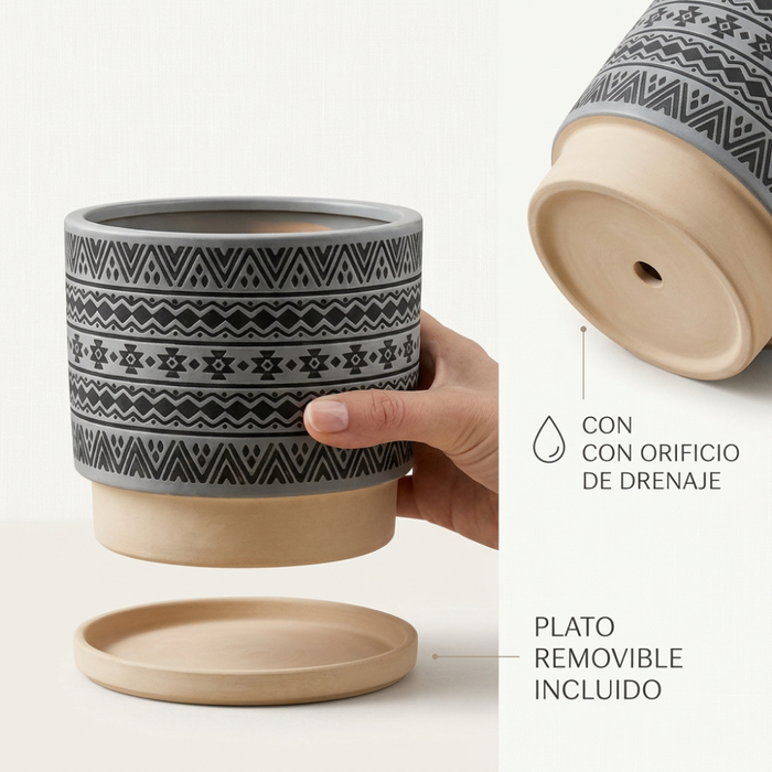 Macetero Maceta De Ceramica Gris Con Patrones Negros M