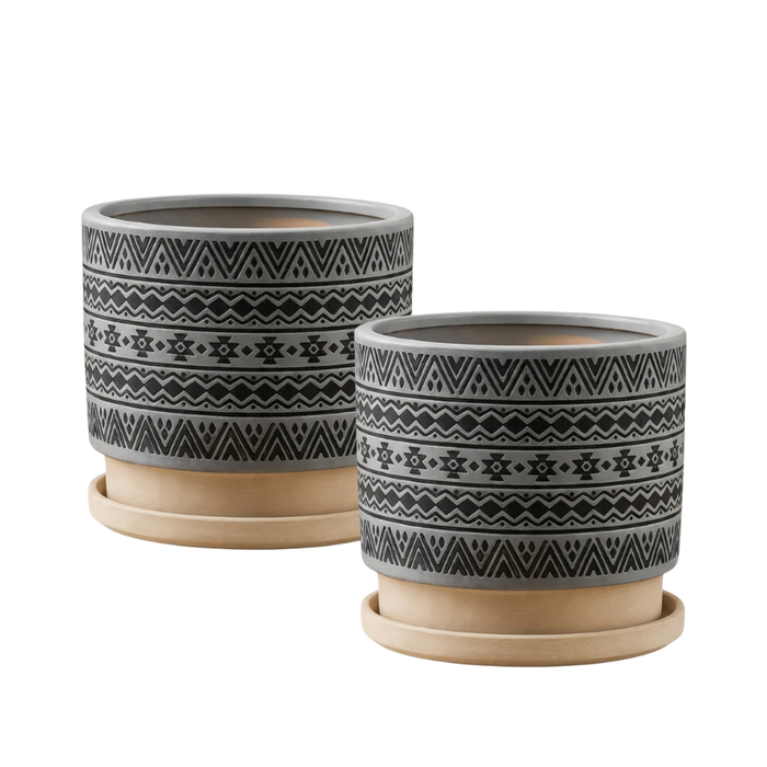 Macetero Maceta De Ceramica Gris Con Patrones Negros S