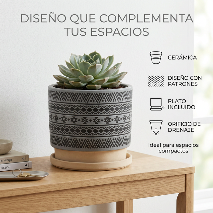 Macetero Maceta De Ceramica Gris Con Patrones Negros S