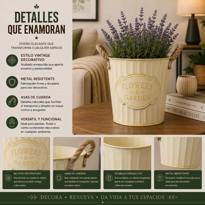 Macetero Metalico Beige Decorativo Con Asas Jardín L