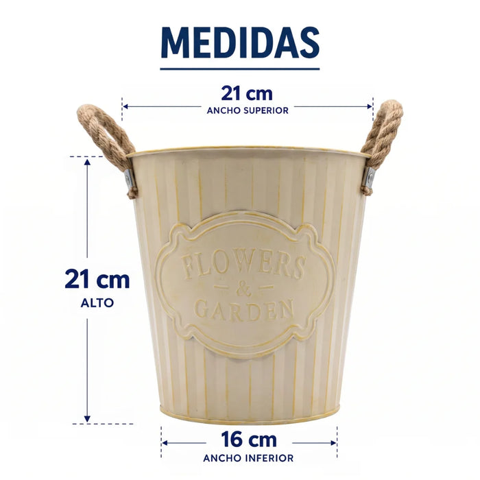Macetero Metalico Beige Decorativo Con Asas Jardín M