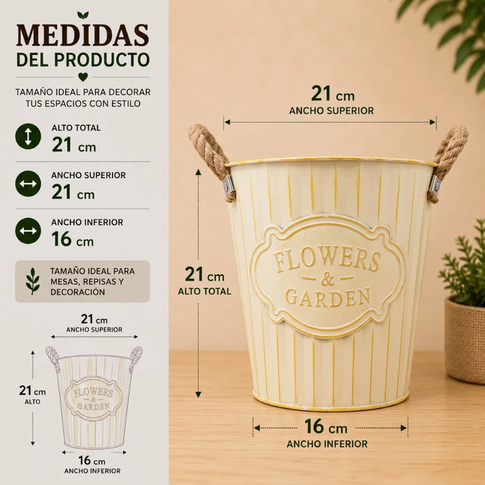 Macetero Metalico Beige Decorativo Con Asas Jardín M