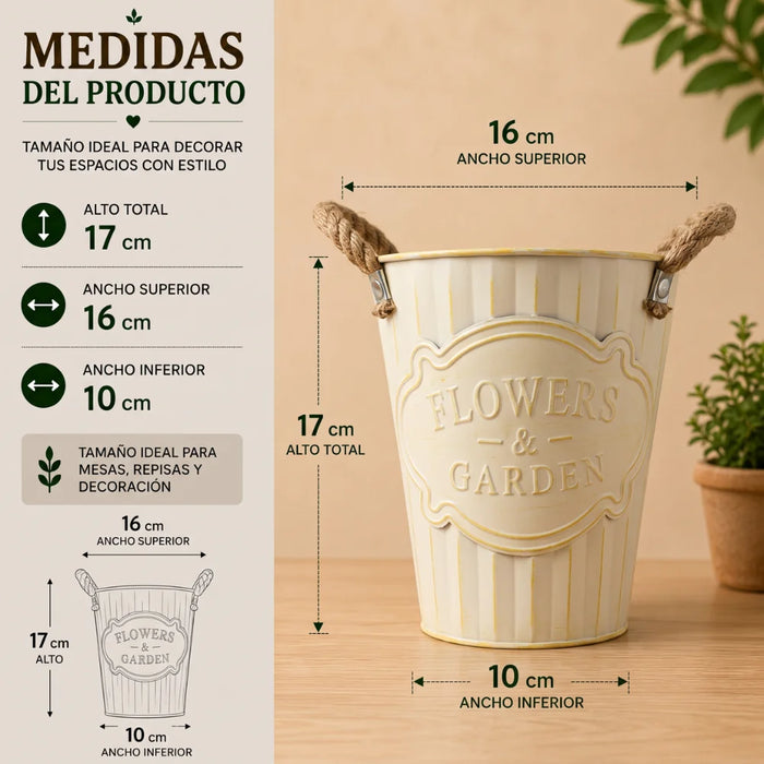 Macetero Metalico Beige Decorativo Con Asas Jardín S