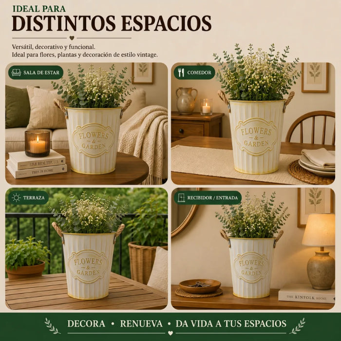Macetero Metalico Beige Decorativo Con Asas Jardín S