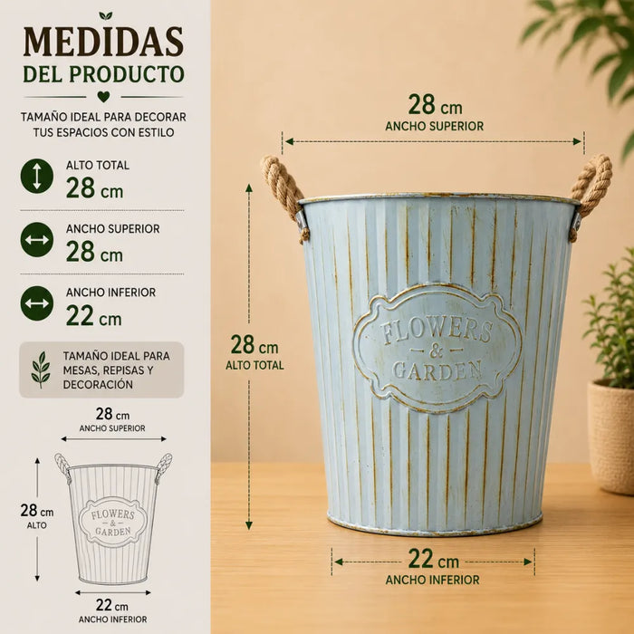 Macetero Metalico Celeste Decorativo Con Asas Jardín L