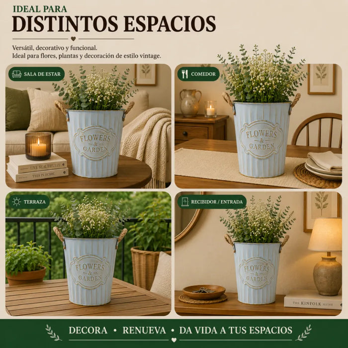 Macetero Metalico Celeste Decorativo Con Asas Jardín L