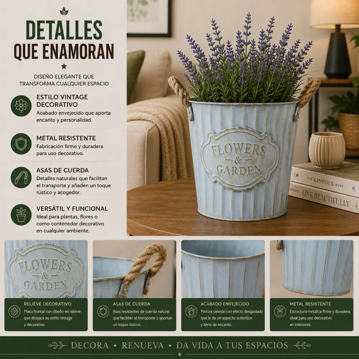 Macetero Metalico Celeste Decorativo Con Asas Jardín L