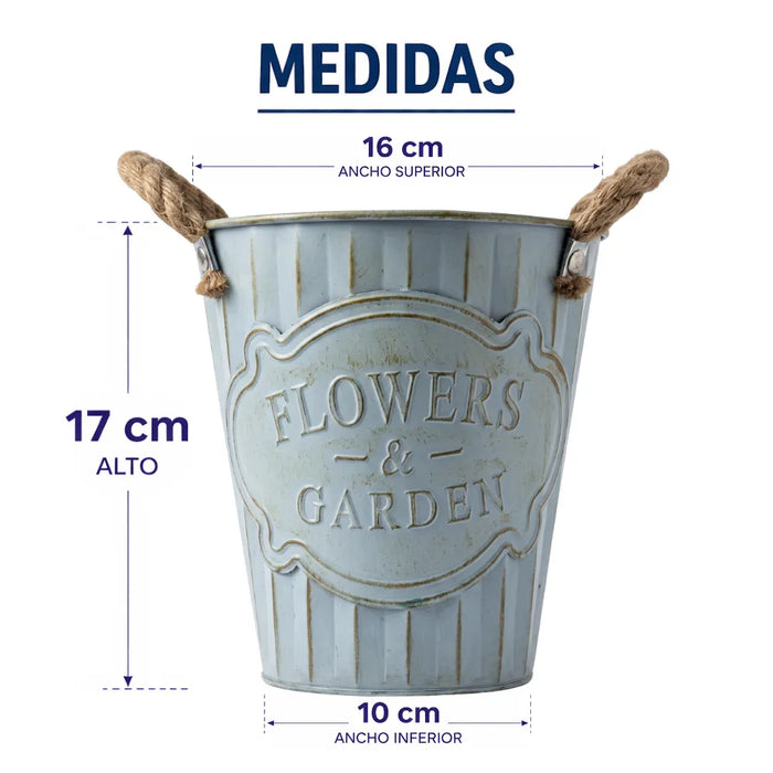Macetero Metalico Celeste Decorativo Con Asas Jardín S