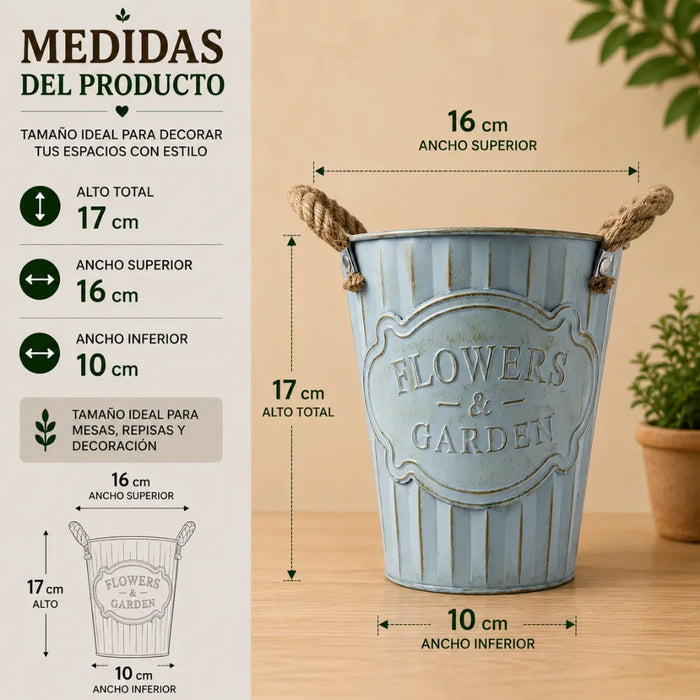 Macetero Metalico Celeste Decorativo Con Asas Jardín S