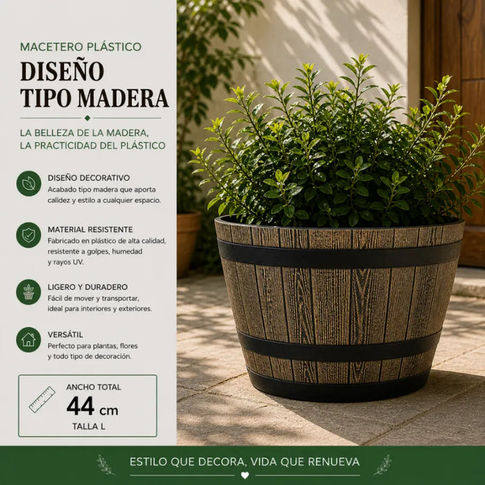 Macetero Plastico Diseño Efecto Barril De Madera Maceta L