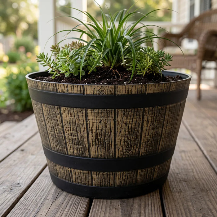 Macetero Plastico Diseño Efecto Barril De Madera Maceta L