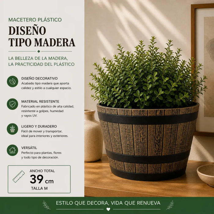 Macetero Plastico Diseño Efecto Barril De Madera Maceta M
