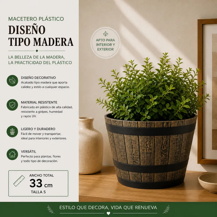 Macetero Plastico Diseño Efecto Barril De Madera Maceta S