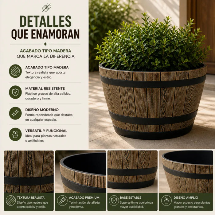 Macetero Plastico Diseño Efecto Barril De Madera Maceta S