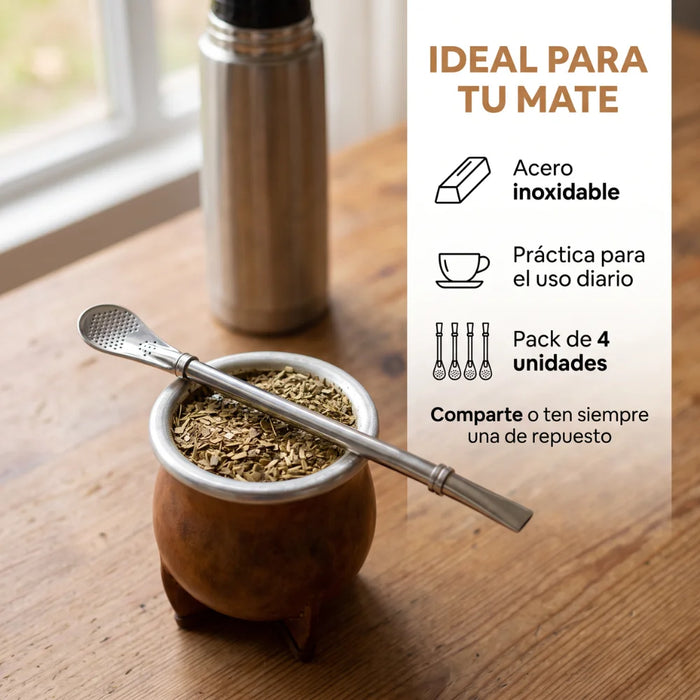 Pack 4 Bombillas Para Mate Acero Inoxidable Reutilizables