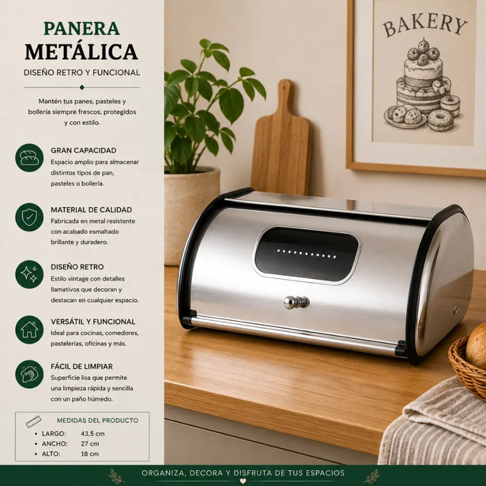 Panera Metálica Vintage Retro Acero Inoxidable Brillante