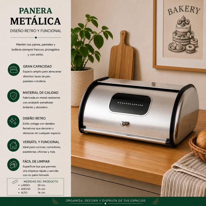 Panera Metálica Vintage Retro Acero Inoxidable Mediana