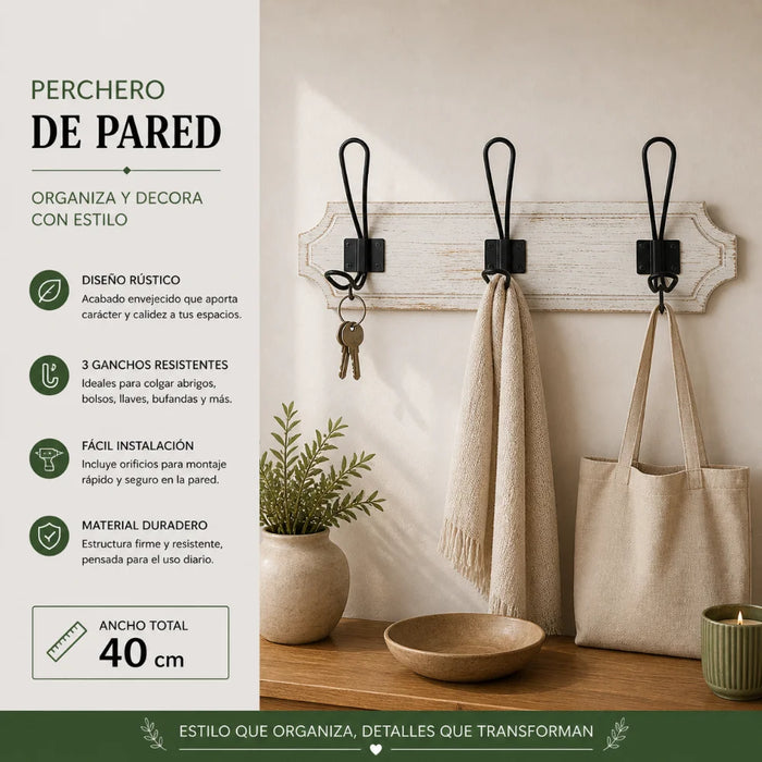 Perchero 3 Ganchos Doble Colgadores De Madera Ropa Blanco