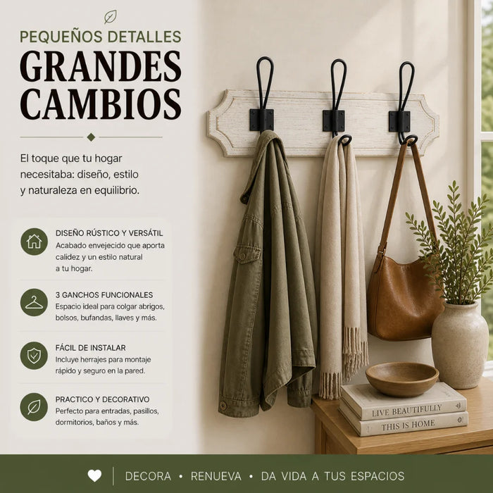 Perchero 3 Ganchos Doble Colgadores De Madera Ropa Blanco