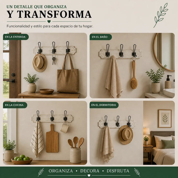 Perchero 3 Ganchos Doble Colgadores De Madera Ropa Blanco