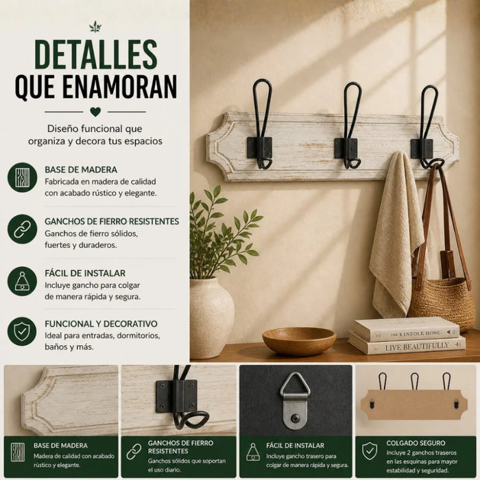 Perchero 3 Ganchos Doble Colgadores De Madera Ropa Blanco