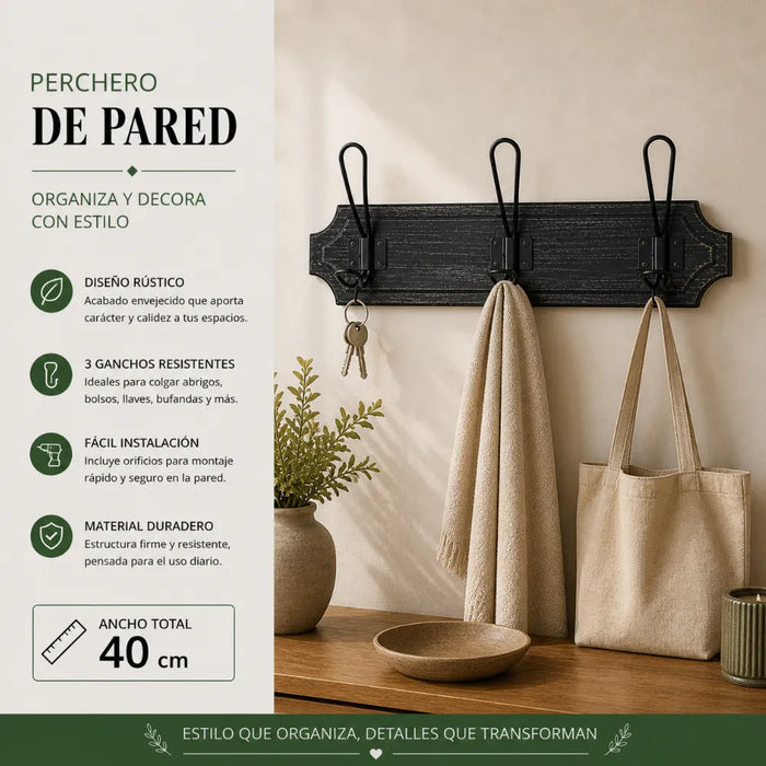 Perchero 3 Ganchos Doble Colgadores De Madera Ropa Negro