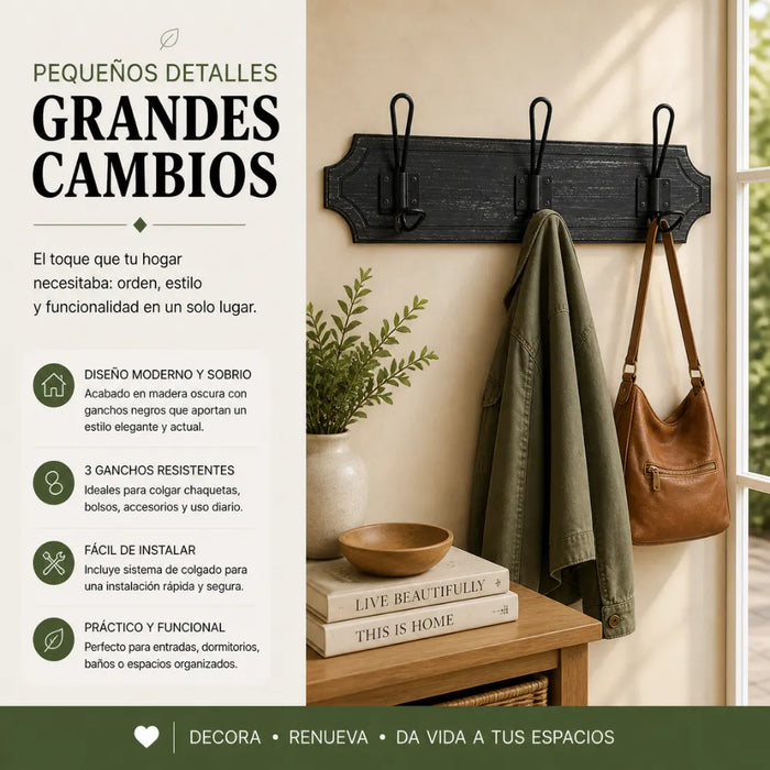 Perchero 3 Ganchos Doble Colgadores De Madera Ropa Negro