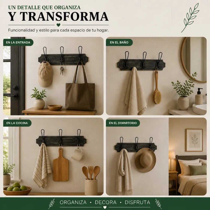 Perchero 3 Ganchos Doble Colgadores De Madera Ropa Negro