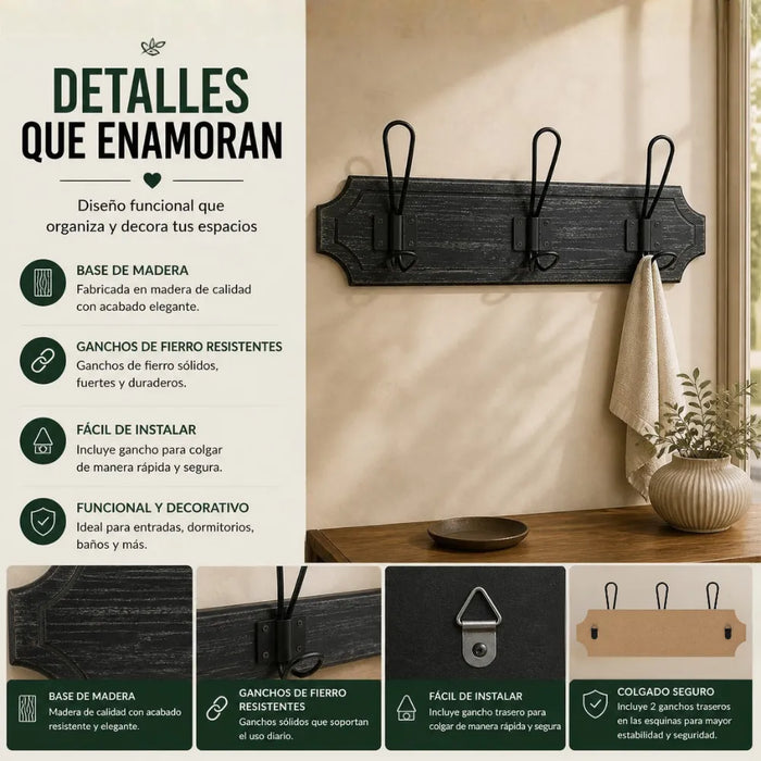 Perchero 3 Ganchos Doble Colgadores De Madera Ropa Negro