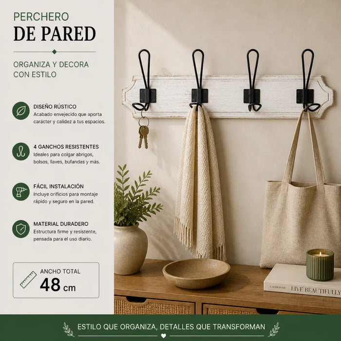 Perchero De Pared Colgador Vintage 4 Ganchos Dobles Blanco
