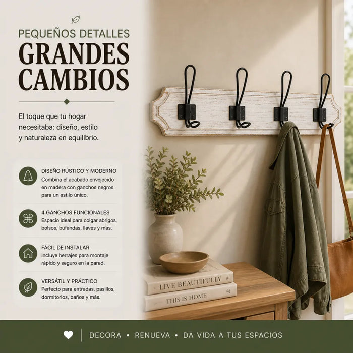 Perchero De Pared Colgador Vintage 4 Ganchos Dobles Blanco