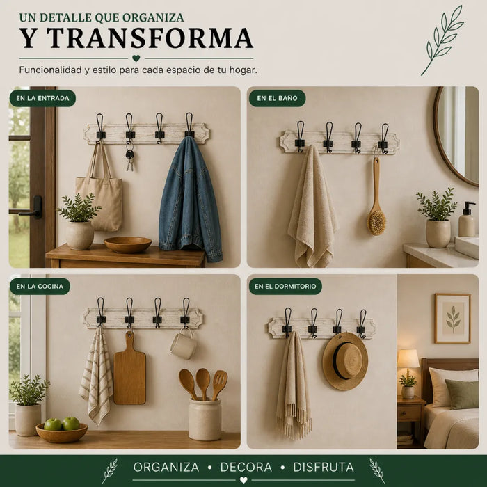 Perchero De Pared Colgador Vintage 4 Ganchos Dobles Blanco
