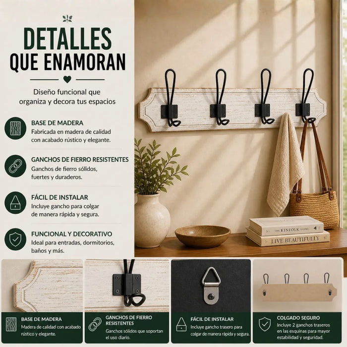 Perchero De Pared Colgador Vintage 4 Ganchos Dobles Blanco