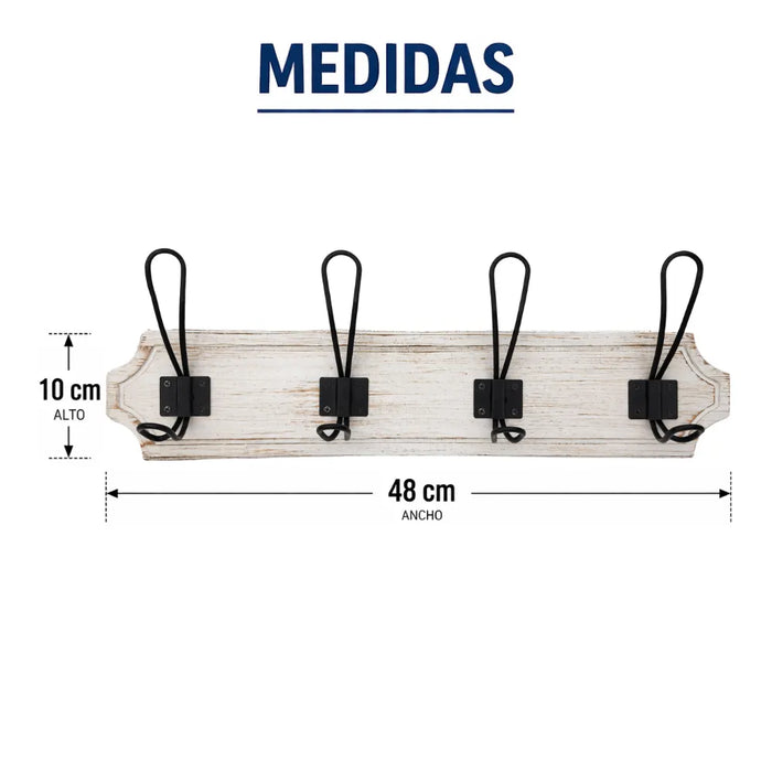 Perchero De Pared Colgador Vintage 4 Ganchos Dobles Blanco