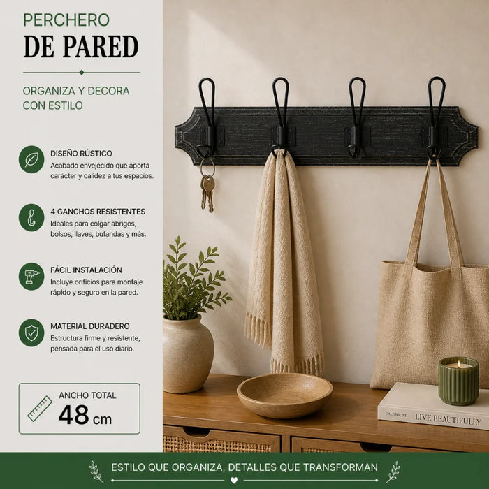 Perchero De Pared Colgador Vintage 4 Ganchos Dobles Negro