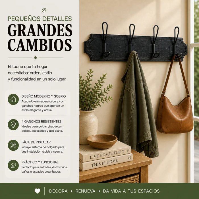 Perchero De Pared Colgador Vintage 4 Ganchos Dobles Negro