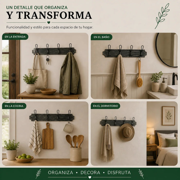 Perchero De Pared Colgador Vintage 4 Ganchos Dobles Negro