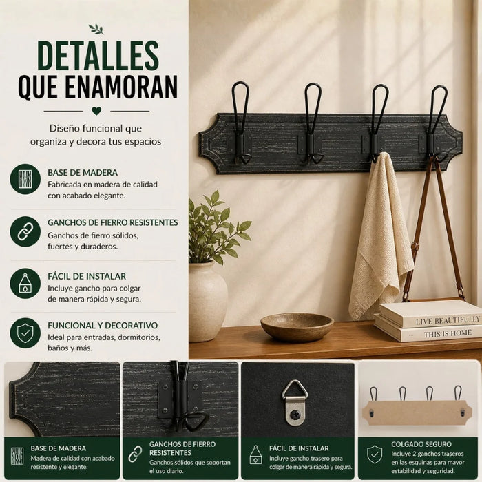 Perchero De Pared Colgador Vintage 4 Ganchos Dobles Negro