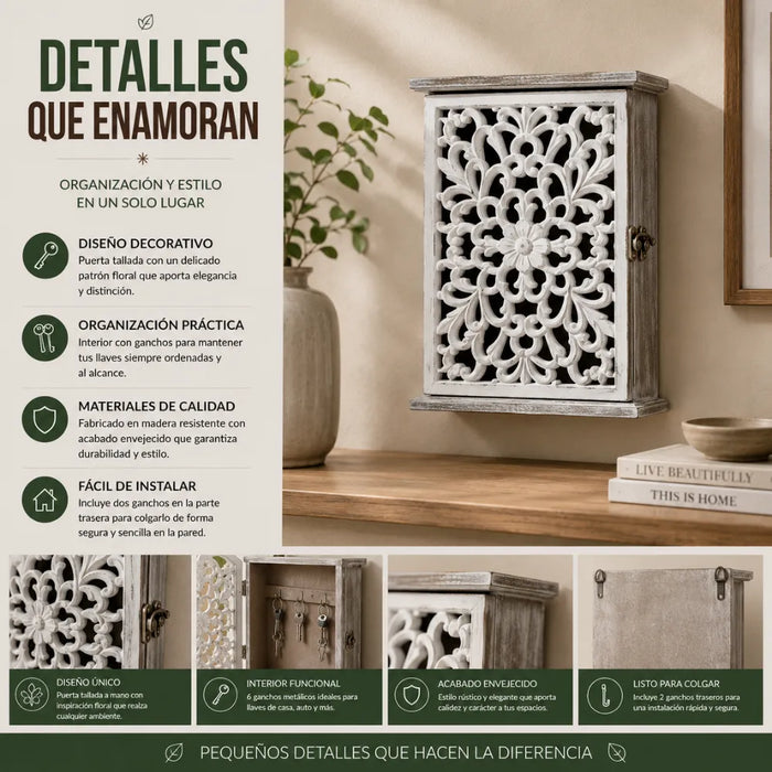 Porta Llave De Madera Diseño Mandala 6 Ganchos Para Llaves