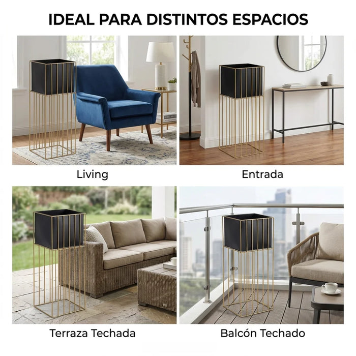 Porta Macetero Pedestal Maceta Plantas Negro Dorado Grande